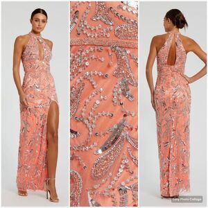 MAC DUGGAL 6030 Womens High Neck Embellished Mesh Gown With Slit Dress Coral